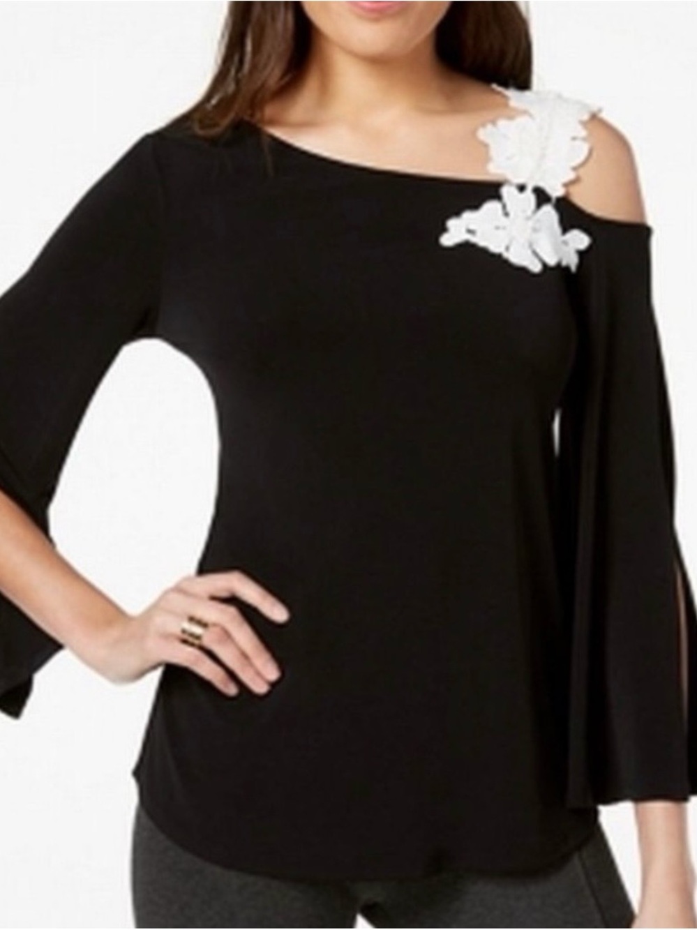 Alfani Elegant Black Cold-Shoulder Top with White Floral Appliqué